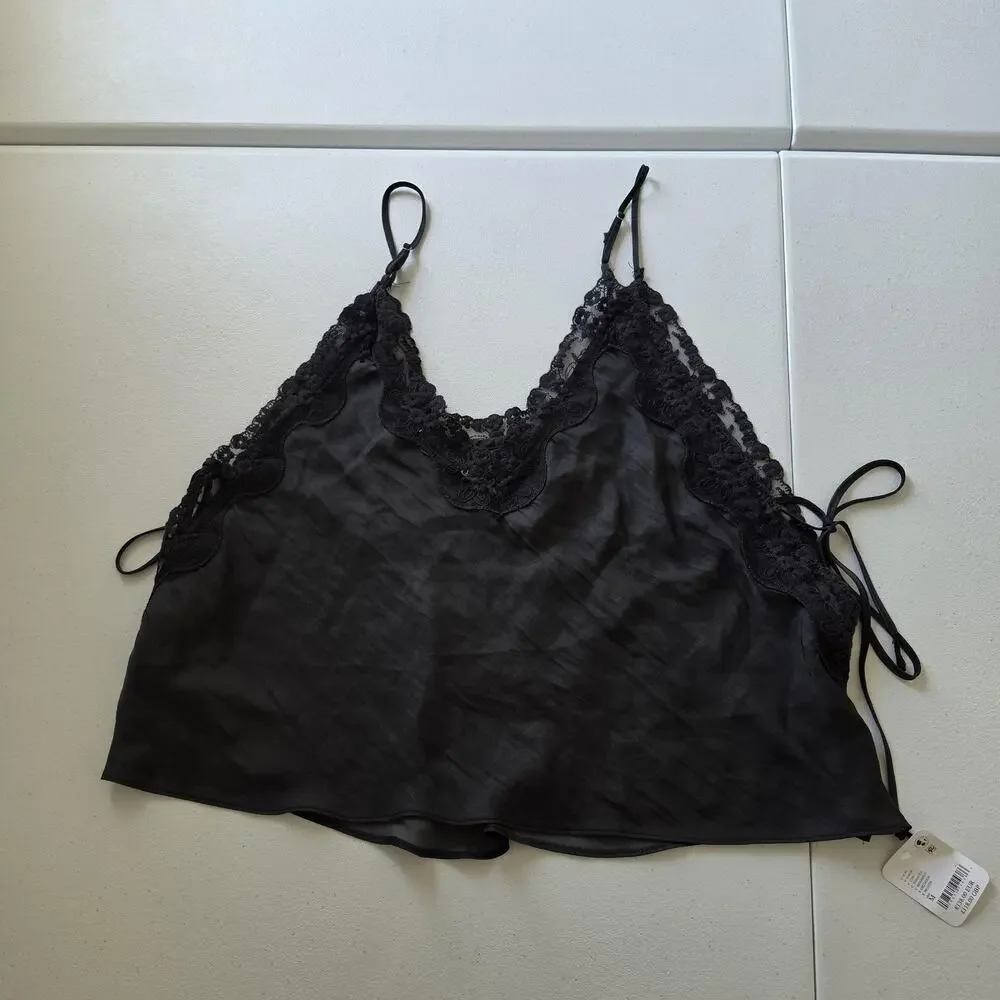 Free People Camisole Womens Medium Black Satin Lace Trim Side Tie Crop Top